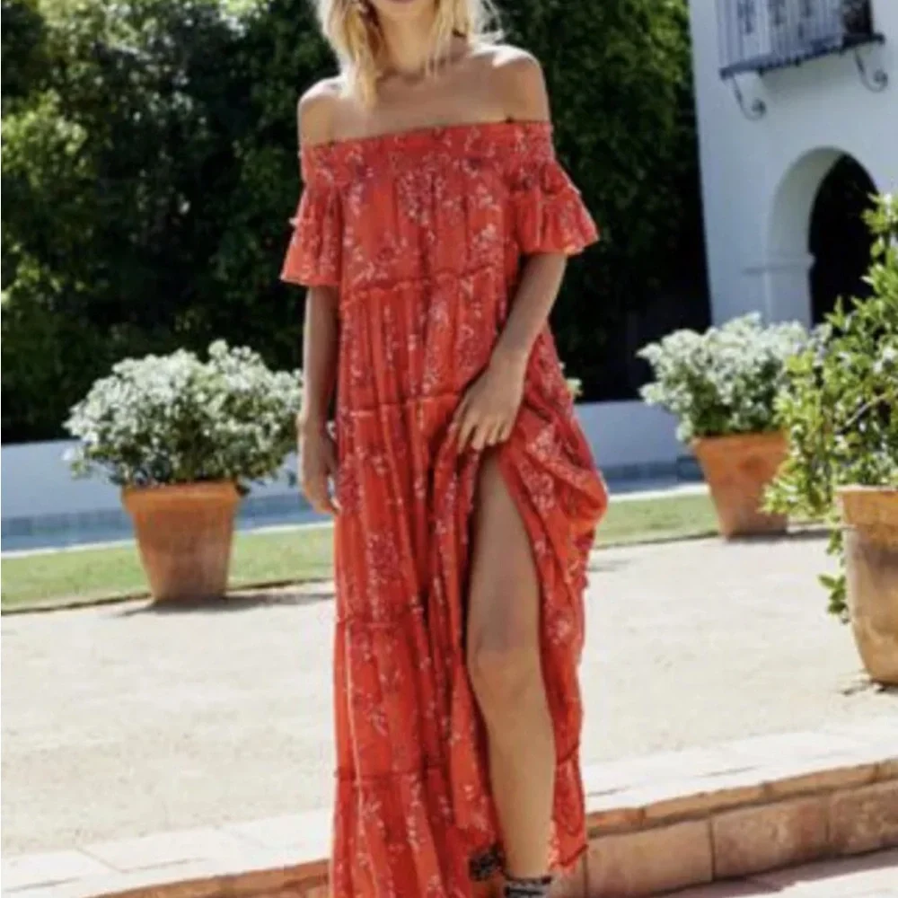 Free People Barclay Dress Maxi Off The Shoulder Floral Ruffle Orange Red